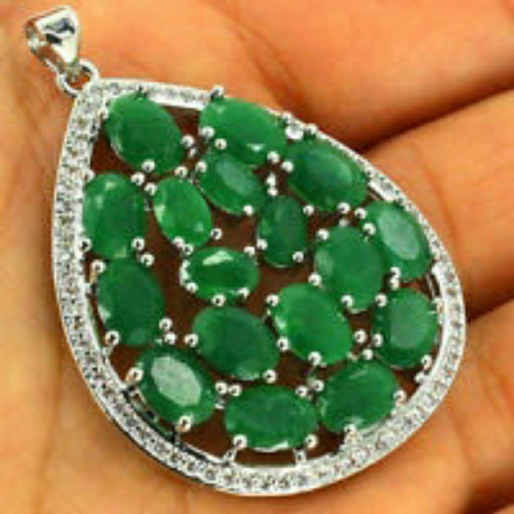 Emerald Green, Zircon Silver Tone Pendant Necklace